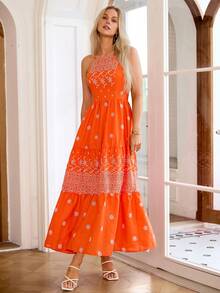 Simplee Đầm dài mùa hè kiểu dáng đi biển mới dành cho nữ, thêu laser cắt laser, xếp tầng ở eo, cổ yếm, thích hợp cho tiệc tùng. - trái cam - Xem 6