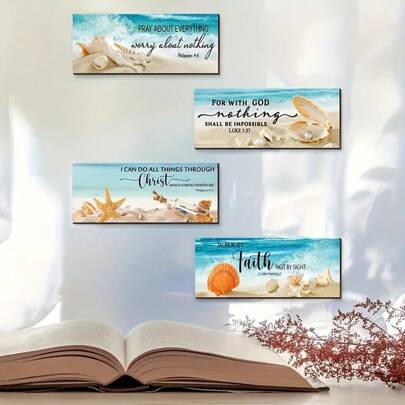 4pcs Beach Themed Wall Decor Set, Seashell Pattern - Inspirational Wooden Plaque, Suitable For Home, Office And Classroom Decoration - Includes Double-Sided Tape, No Power Or Battery Required