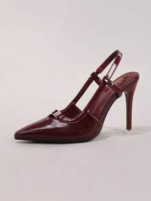 女士时尚搭扣高跟鞋，性感尖头晚宴派对鞋，亮面酒红色细高跟凉鞋 - 酒紅色 - 查看 12