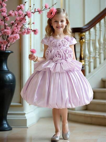 Young Girls Hooded Sleeve 3D Flower Lily Satin Puffy Birthday Party Dress, Suitable For Flower Girl, Wedding, Prom, Without Headband