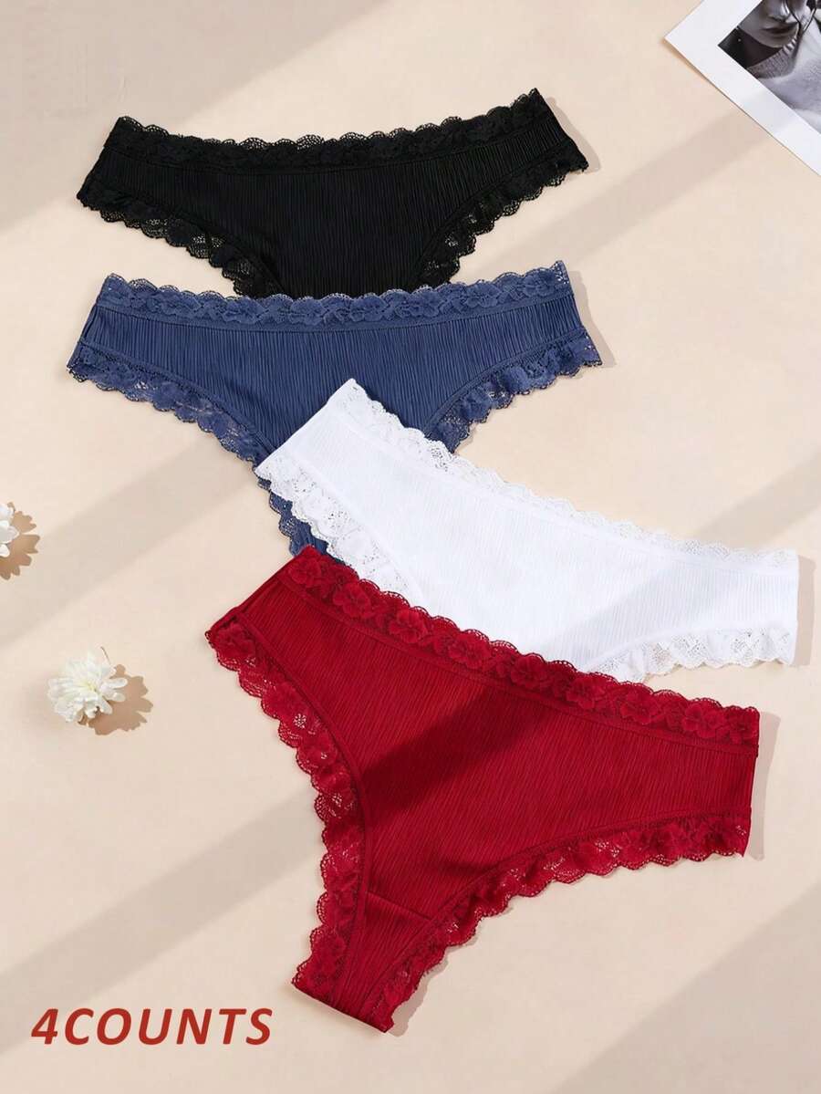 4pcs Comfortable Striped Lace Thongs Sexy Lingerie,Seamless - Multicolor - View 1