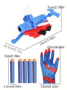 1set Interactive Plastic Hero Web Shooter Toy Set (Includes Glove & Soft Bullets), Cartoon Red & Blue Spider Pattern Wrist-Mounted Shooting Function Cosplay Prop For Kids Halloween Christmas Birthday Party Gift
