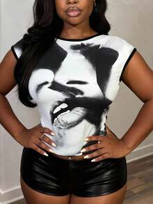 女士性感白色印花露脐上衣，圆领无袖修身设计，夏季热门款，适合夏季外出派对、闺蜜聚会等场合。 - 黑色 - 查看 5