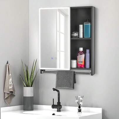YOMYM Espejo de Baño LED, Mueble con Espejo de Baño, Espejo Mural de tocador de con Barra para Toallas, Regulable Espejos Baños Antivaho para Baño, Espejo de baño con Función de Almacenamiento.
