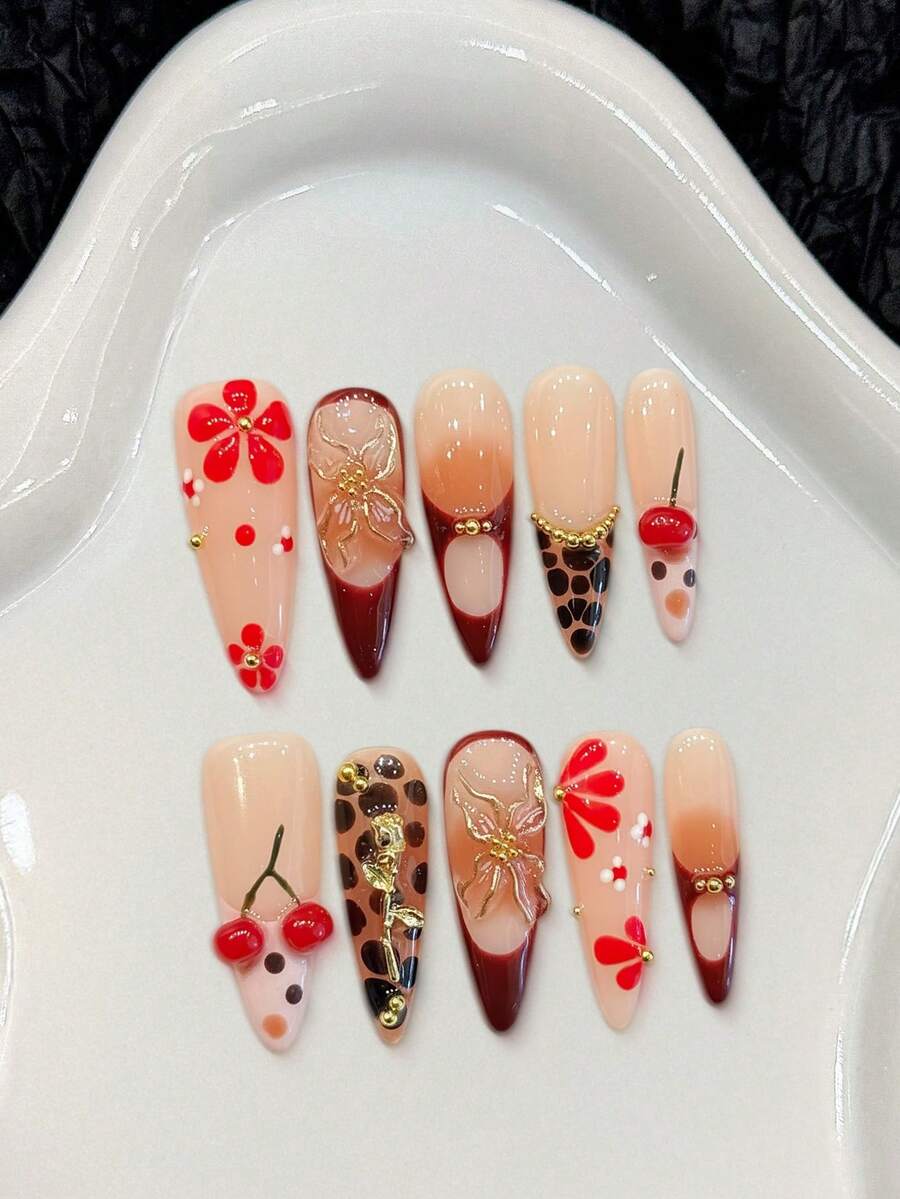 10Pcs Fake Nails With Cherry Leopard Print Long Pointed Design Pressure On Nail For Hot Girl Dress Matching Nail Supplies - Multicolor - View 1