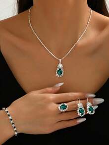 5pcs/Set Women's Jewelry Gift Set: Necklace, Earrings, Bracelet, Ring, Rhombus Pattern, Elegant Street Style Bridal Accessories, Thanksgiving Royal Copper - Green - View 1