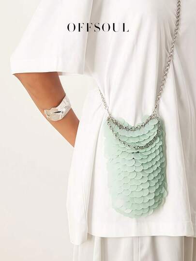 Unik glänsande paljett med fiskfjällsdesign för kvinnor, fest/evenemang/bankett kuvertväska med metallkedja, axel-/crossbody-väska för aftonklänning