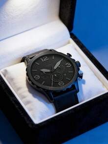 Fossil 男士 Nate 不锈钢石英黑色皮革计时腕表 JR1354 - 黑色 - 查看 3