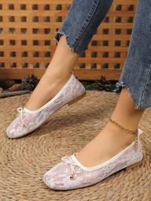 Women's Summer Lace Mesh Soft Bottom Flat Shoes, Square Toe Bow Slip-On Casual Loafers - White - View 4