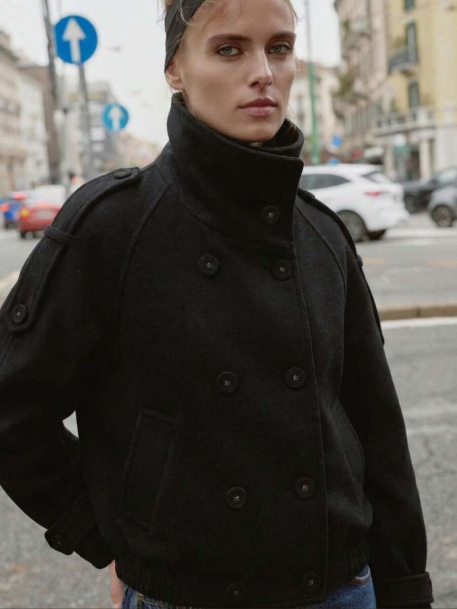Elegant Solid Black Double Breasted Woolen Bomber Jacket With High Neck, Chic Old Money Coat With Shoulder Tabs, Sophisticated Spring/Fall/Winter Outerwear - Black - View 1