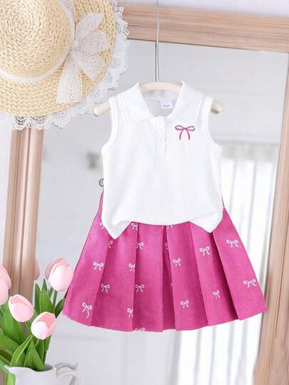 Conjunto de 2 piezas de top de tirantes blanco con cuello polo y falda, con bordado de lazo en estilo juvenil y elegante, para verano
