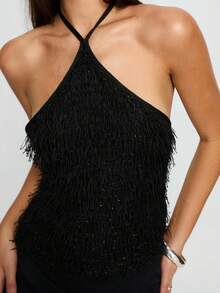 Women Casual Halter Neck Tank Tops Solid Color Crop Tops Streetwear - Black - View 6