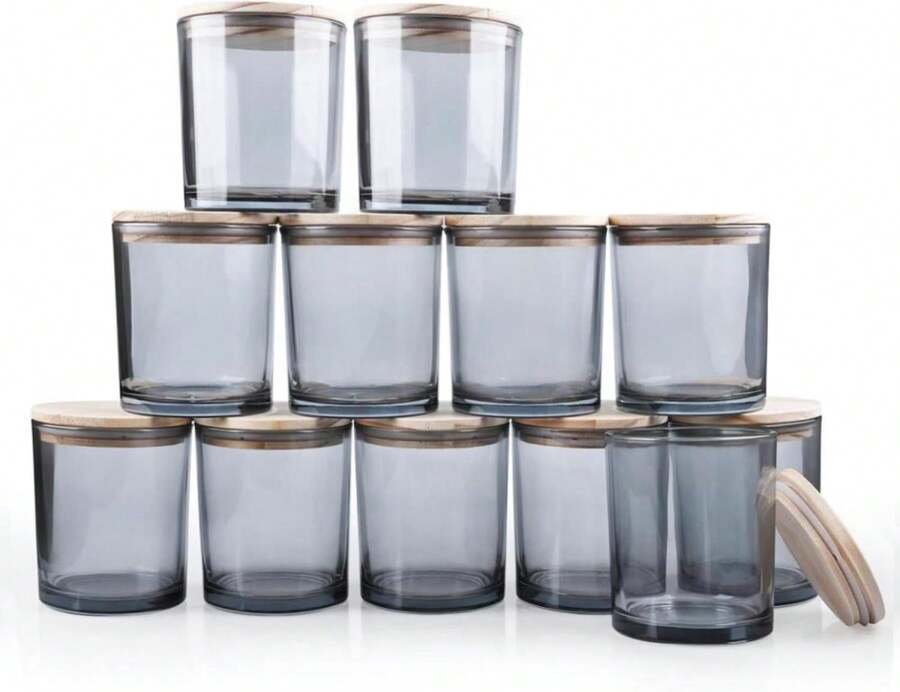 SHOWIN 14 OZ Thick Candle Jars For Making Candles 12 Pcs, 3 Wick Empty Jars With Wood Lids For Candle Making, Sample Container,Clear Grey - ColorE - View 1