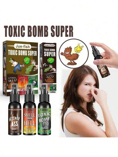 1个随机Jue-Fish臭臭玩具，气味有便便味、地狱味、炸弹味，趣味恶作剧喷雾，搞笑礼物，臭臭玩具，使用前请摇晃均匀，以免失去香味。