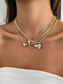 5件套波西米亚风镂空心形扭链项链，优雅时尚休闲风，适合婚礼、派对、度假、街头风、情侣约会、女士节日生日等场合，百搭珠宝礼品。 - 項鍊 - 查看 1