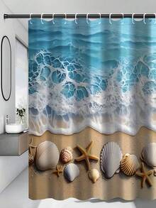 1/4 piezas Juego de cortina de ducha y alfombra antideslizante con diseño de olas oceánicas, para decoración de baño, un regalo de decoración del hogar elegante y práctico - Multicolor - Ver 17