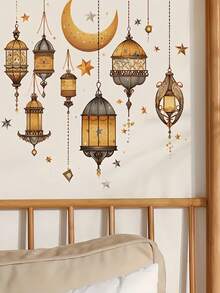 1张可移除的开斋节挂饰墙贴，伊斯兰斋月装饰，斋月快乐灯笼月亮星星窗户装饰，适用于家庭客厅卧室厨房背景墙纸 - 彩色 - 查看 8