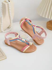 A Pair Of The Latest Summer Children's Multi-Color Striped Beaded Flower-Patterned Sandals - A Comfortable Style Suitable For Daily Outings, Park Walks, Shopping In Malls, And Party Events. It Can Be Easily - Multicolor - View 3