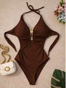Bare Back / Backless Cutout / Cutout Ring Beach Vacation - Chocolate Brown - View 5