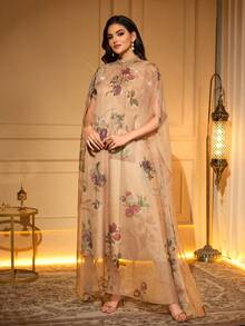 Elegant Floral Print Kaftan Robe With Faux Pearl & Applique Details, Batwing Half Sleeve Stand Collar Caftan Eid - Camel - View 5