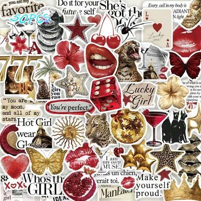 SCXXBSW 50 piezas Pegatinas de lujo doradas de estilo Y2K con dibujos animados exquisitos y divertidos para decoración DIY, patineta, cuaderno, guitarra