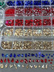 12格12色多形状平底3D美甲水钻，玻璃矿物朋克风金色水晶饰品工具套装，DIY工艺，面部，服装，美甲装饰，美甲饰品，美甲宝石，美甲用品，美甲 - 彩色 - 查看 4