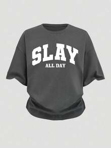 Youth Girl Letter Graphic Print Short Sleeve Top And Pants Set - Dark Grey - View 3