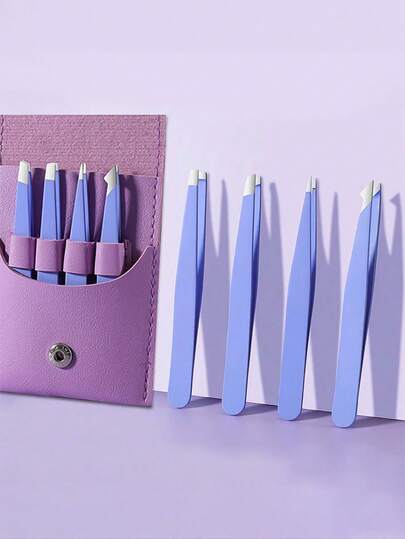 4pcs Eyebrow Tweezers Set - Professional Stainless Steel Hair Removal And Trimming Tools, With Storage Pouch, Includes Slanted Tip Tweezers For Makeup And Eyelash Extension - Grip Stickers, False Lashes - Beauty Tools, Eye Tools, Hair Removal Tools - Ideal Gift, Suitable For Travel And Home Use.