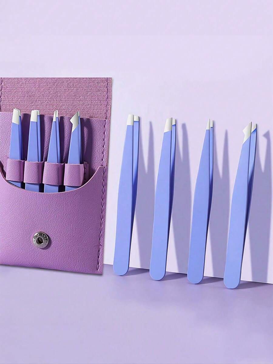 4件套眉镊套装 - 专业不锈钢脱毛修剪工具，带收纳袋，包含斜口镊子，适用于化妆和睫毛嫁接 - 防滑贴纸，假睫毛 - 美容工具，眼部工具，脱毛工具 - 理想礼物，适合旅行和居家使用。赠品，旅行，平价好物，旅行必备