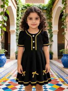 Girls Classic Vintage Dress, Black Short Sleeve Dress With Gold Trim Ribbon Trim + Pearl Buttons + Bow Hem Decor, Luxury Lady-Like Style Suitable For Birthday Party, Piano Recital, Crisp Fabric With Exquisite Details, High-End Look For Girls To Attend Formal Occasions And Photo Shoots - Black - View 5