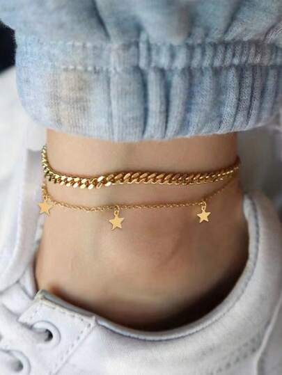 2pcs/Set Anklet: Gold Chain With Small Pendant + Multi-Layer Gold Textured Chain With Flat Cross Pendant And Star Charm, Unique Original Women Foot Jewelry Gift