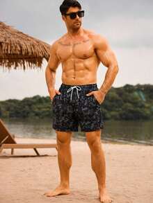 Manfinity Swimmode Floral Print Casual Beach Shorts Men, Black Swim Trunks, Black Hawaiian Floral Print Swim Shorts Men - Gris - 查看 4