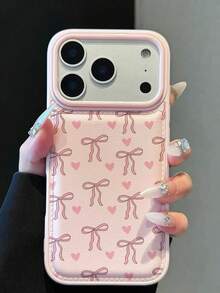 1pc Fashionable & Cute Heart Bow Knot Textured Cushion Shockproof Phone Case, Compatible With IPhone 15/15 Pro/15 Pro Max/15 Plus/16/16 Pro/16 Pro Max/17/17 Pro/17 Pro Max/13/13 Pro/13 Pro Max/12/12 Pro/11, Delicate Gift For Friends, Lovers Or Yourself - Pink - View 4