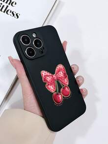 1pc Matte Texture Black Perforated Anti-Drop TPU Painted Heart, Cherry, Bow Pattern Phone Case Compatible With IPhone 15/15 Pro/15 Plus/15 Pro Max/16/16 Pro/16 Plus/16 Pro Max, Galaxy S23 Ultra/A14/A24, Android Phones Redmi Note 12 Pro - Multicolor - View 3
