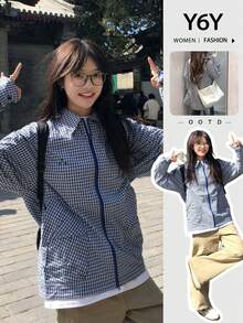 Y6Y 2026新款女装春夏流行韩版独特可爱休闲蓝色格子衬衫外套 - 藍色 - 查看 12