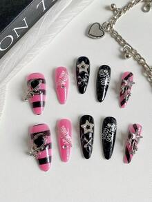 Bộ 10 miếng dán móng tay hình hạnh nhân, bộ dụng cụ tự làm móng nghệ thuật Diablo cho ngày Valentine, phong cách pastel ngọt ngào và cá tính, họa tiết hồng và đen, kẻ caro, chữ cái, hình trái tim, có thể tháo rời và tái sử dụng, phù hợp cho cả nam và nữ, biểu diễn sân khấu, khiêu vũ, tiệc tùng. Mỗi bộ gồm gel dẻo và 1 miếng dán hình lát trái cây. - Nhiều màu - Xem 4