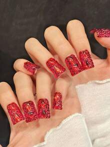 10 Pieces /Set, Press-On Nails Handcrafted High-End Quality Personalized Super Shiny Duckbill-Style Fake Nail Press Nails, Decorated With 3D Flowers And Rhinestones, Suitable For Ladies And Girls, Perfect For Parties, Dates And Vacations. The Product Is Suitable For Gluing. Change The Shape Of The Nails. Nail Care Products. Nail Art Tools. A Beginner In Manicure. - 紅色 - 查看 4