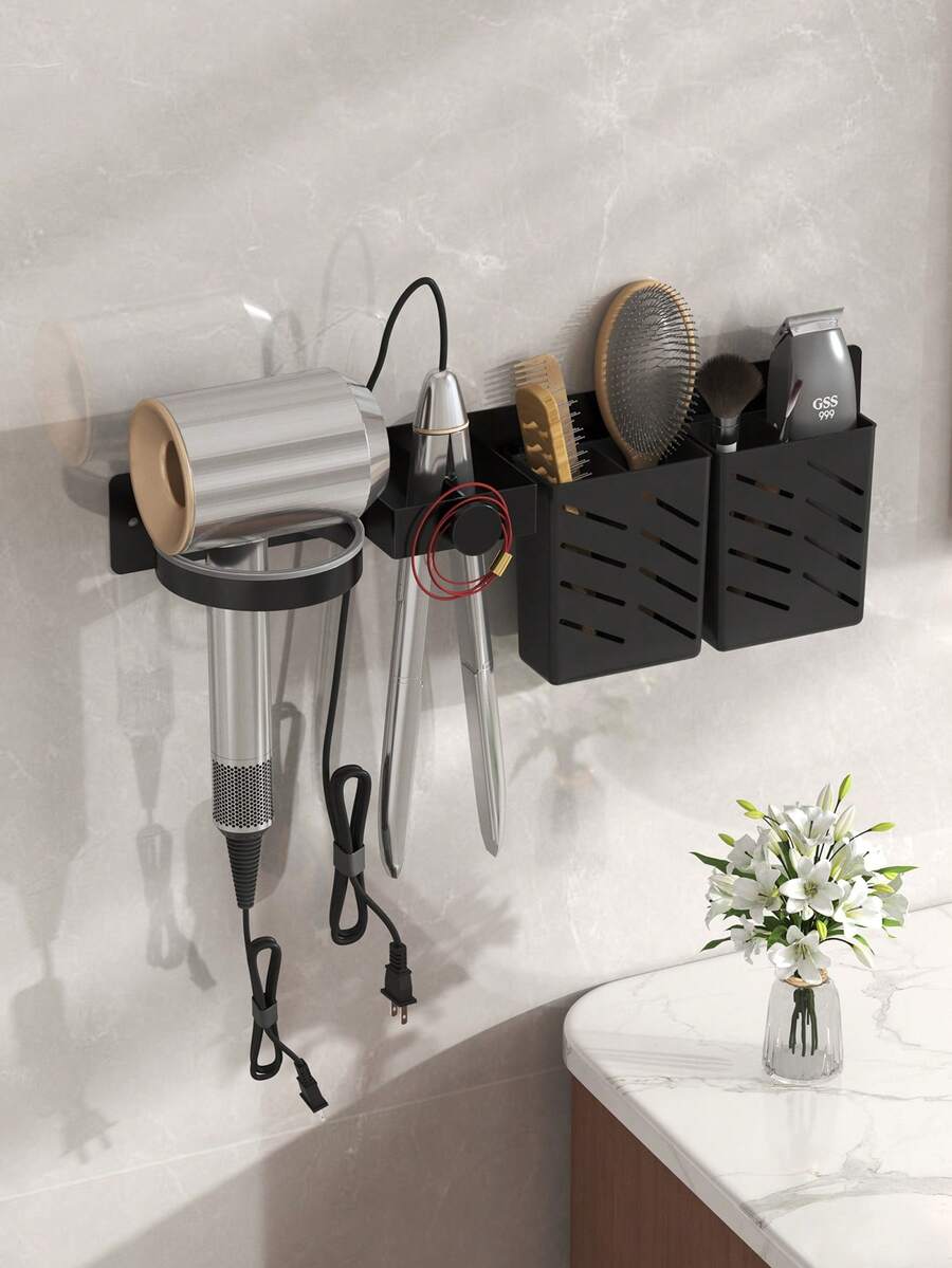 壁挂式吹风机支架，无需钻孔浴室吹风机收纳架，直发器和卷发棒整理架（适用于美发沙龙浴室），浴室置物架，浴室收纳整理，浴室配件，房间装饰，返校必备 - 彩色 - 查看 1