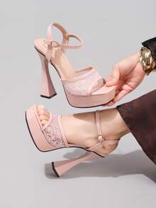 Giày sandal cao gót đế xuồng ren thời trang, giày dự tiệc gợi cảm, sandal hở mũi gót vuông, giày cao gót sàn catwalk dành cho nữ. - Hồng - Xem 6