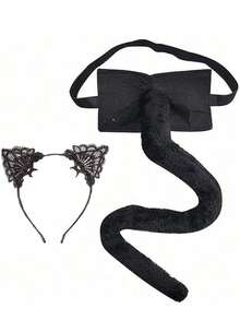 2 st/set Halloween svart kattöronhuvudband + svans kostymtillbehör set - Svart - Visa 2