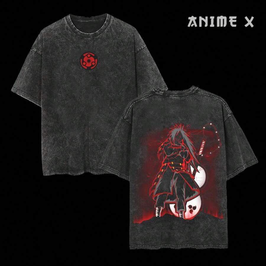 Retro Heavy Limited Madara The Leader Of   Anime Double Printed Vintage  Washed Tee Unisex Oversize Anime Manga Washed Heavyweight Cotton T-Shirt, Gift For Anime Fan, Anime Lover - Black - View 1
