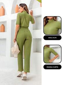 Maria do Luxo Ribbed Knit Set With Elastane, Palazzo Pants With Pockets. Women's Fashion For All Occasions. - 橄欖綠 - 查看 2