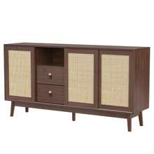 Aparador con 3 puertas correderas en ratán auténtico y 2 cajones, 155 x 38 x 80 cm, transpirable, estable y versátil. - Marrón - Ver 10