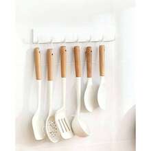 1pc White Plastic Multi-Hook Kitchen Wall Mount Organizer Rack, No Drilling Required - White - View 4