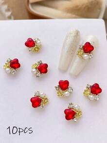 10pcs Heart-Shaped Rhinestone Nail Art Charms, Inlaid Faux Pearls, Luxury Y2K Metal Nail Accessories, Bright White, Pink, Red, Green, Purple Rhinestone Nail Gems, Suitable For Various DIY Nail Decorations - Multicolor - View 12