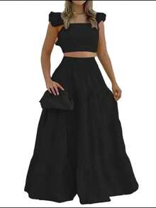 2025新款夏季中腰性感吊带喇叭裙时尚印花两件套女装黑色 - 黑色 - 查看 6