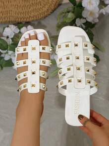 白色女士高跟凉鞋，2026夏季新款厚底铆钉白色女士凉鞋，时尚百搭套脚凉鞋 - 白色 - 查看 9