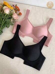 2pcs Minimalist Comfortable Sports Bras For Women, Wireless, Solid Color - Multicolor - View 2