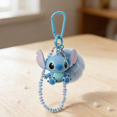 Miniso Stitch Plush Ball Beaded Chain Charm - Silicone 3D Shape + Plush Ball Detail, Blue-Pink Contrast Beaded Chain, Bag Accessory/Portable Decoration/Daily Item(1 PC)