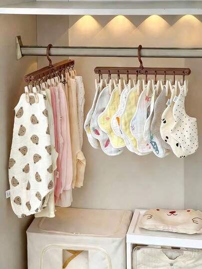 1个婴儿衣架，新生儿袜子晾衣架，可折叠衣架带多个夹子，防风衣架，适用于儿童衣柜收纳